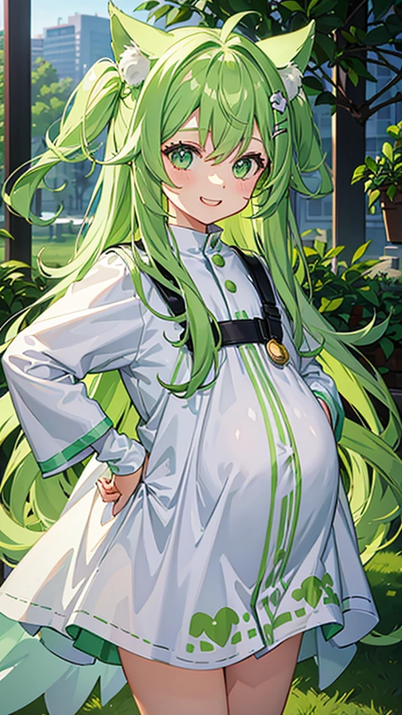 pregnant girl,girl with dog ears tail,light green wavy long hair,hyper cute rori,happy smile,oversize loose smock,