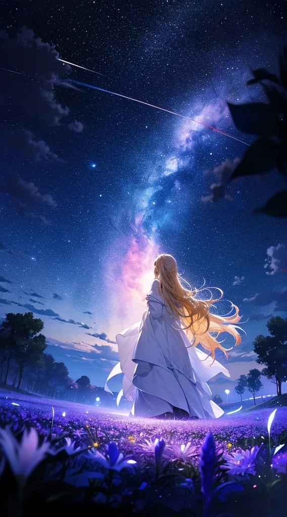 １people々々々々,Blonde long-haired woman，White long coat， Dress Silhouette， Rear View，Space Sky, Flower Field，Colorful flowers