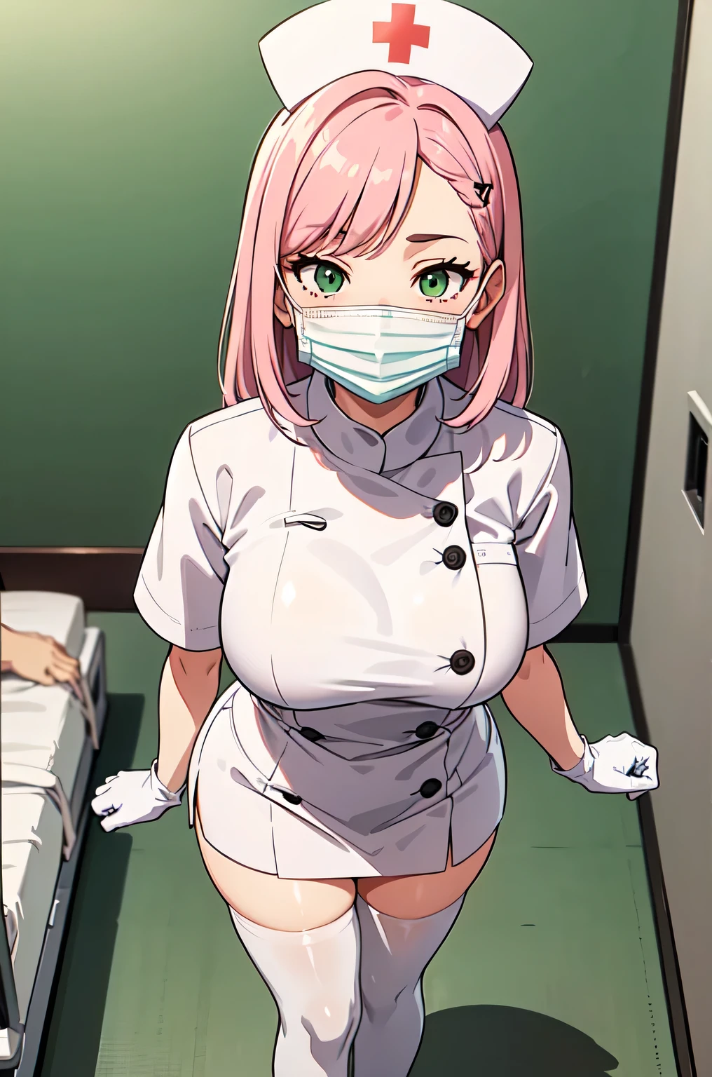 1woman, solo, nurse, white nurse cap, white nurse uniform, ((white legwear, zettai ryouiki)), white gloves, pink hair, green eyes, drooping eyes, ((white surgical mask, covered nose)), standing, ((hospital room)), sharp outline, short sleeves, mature female, 32 years old, best quality, masterpiece