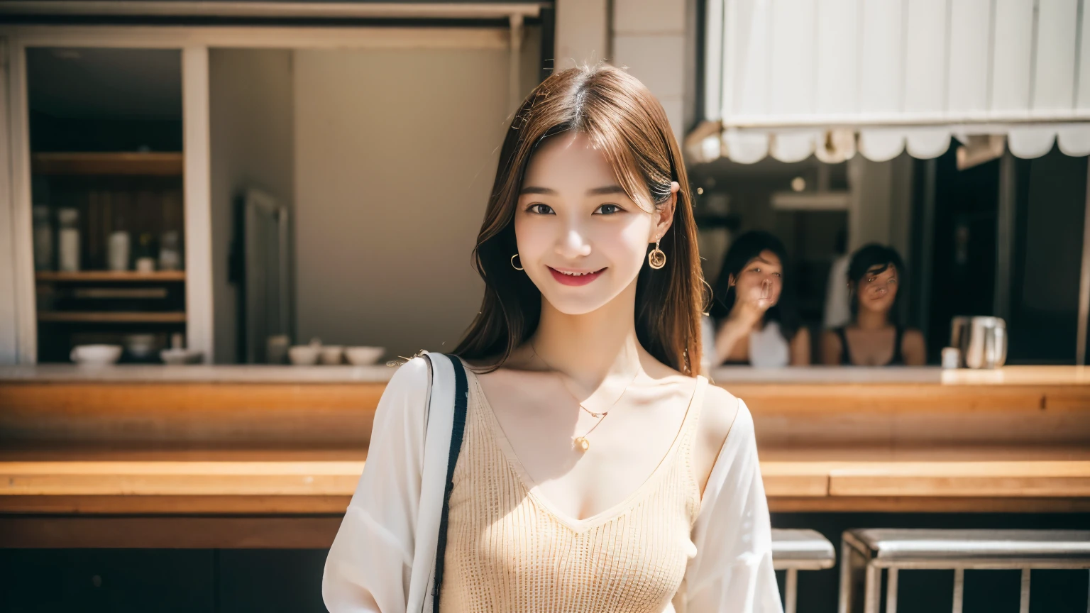 super high quality, Slender, Gravure photoshoot, The staff is working at the counter in the back., (8k、RAW Photos、highest quality、masterpiece:1.2), Japanese Idol, Sportswear, Stylish café, (Realistic、Photorealistic:1.37), Urban Cafe, Golden Ratio, Raw photo, Light Brown Hair, Earrings, Small breasts, Bright cafe interior, Beauty salon model, Spring Clothes, Famous actress, Beauty, necklace, Cafe Terrace, Open Cafe, A kind smile, Hair blowing in the wind, Neat clothes, 18-year-old, Cool older sister, Stylish clothes,