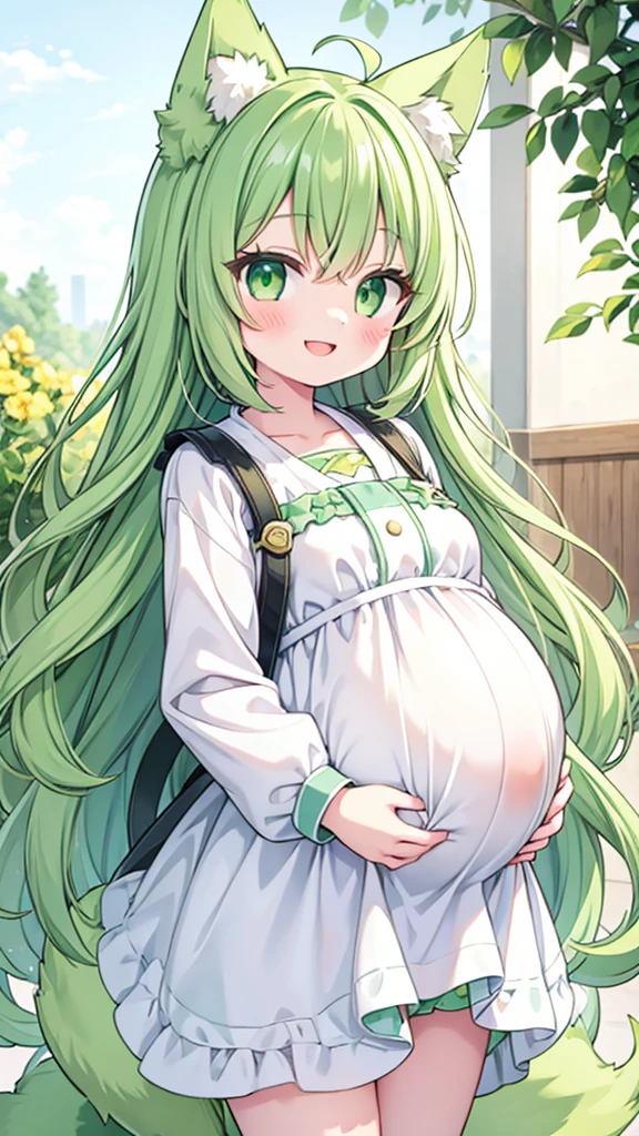 pregnant girl,girl with dog ears tail,light green wavy long hair,hyper cute rori,happy smile,oversize loose smock,