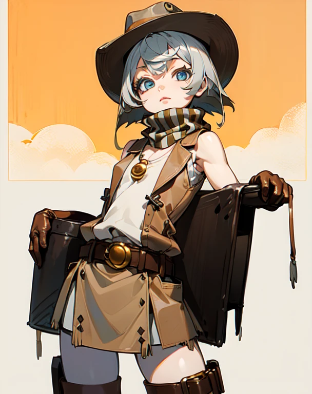 top quality,16K, masterpiece, beautiful high school girl, Light brown beautiful bob hair, Light brown beautiful eyes, looking at viewer, Light brown medium bob hair, plump breast, standing open legs, sunset seashore, orange sky, beautiful clouds,
BREAK (beige and brown theme:1.4), (ten-gallon hat:1.5), (wear a (open beige leather vest) over a white tank top:1.5), ((sleeveless, bare shoulders, cleavage):1.3), (beige mini-skirt with fringe:1.4),
BREAK (white inner:1.2), (checkered-pattern cowboy-scarf:1.2), (silver oval belt-buckle:1.3), (western-boots with spur:1.1), (holster on belt:1.3), (brown leather gloves:1.2),