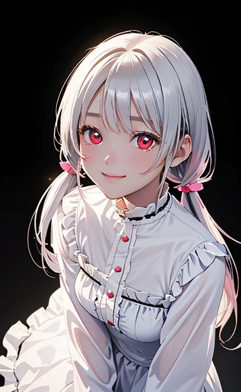 (Photorealistic:1.4)、asuna,(masterpiece、lens flare:1.5、spot light:1.2、Exquisite beautiful eyeonochrome:1.5,portlate、)(looking up at viewer),(from above)
、Cute Face、 3D Face、(pearl white hair:1.5、Straight Hair)、(twintails),(1 Girl)、(Red eyes:1.2)、(cowboy shot)、(fingersmile),()、 (Cute face:1.2),(small breasts),(),kind face,(white lace frilled shirt),(black background:1.5)、(glowing eyes:1.3)、()、 Neat and clean、Adorable、Slim Body(Tareme:1.5),Shiny Hair、(Glowing pink Skin)、Nijisketch,Manga,zydG