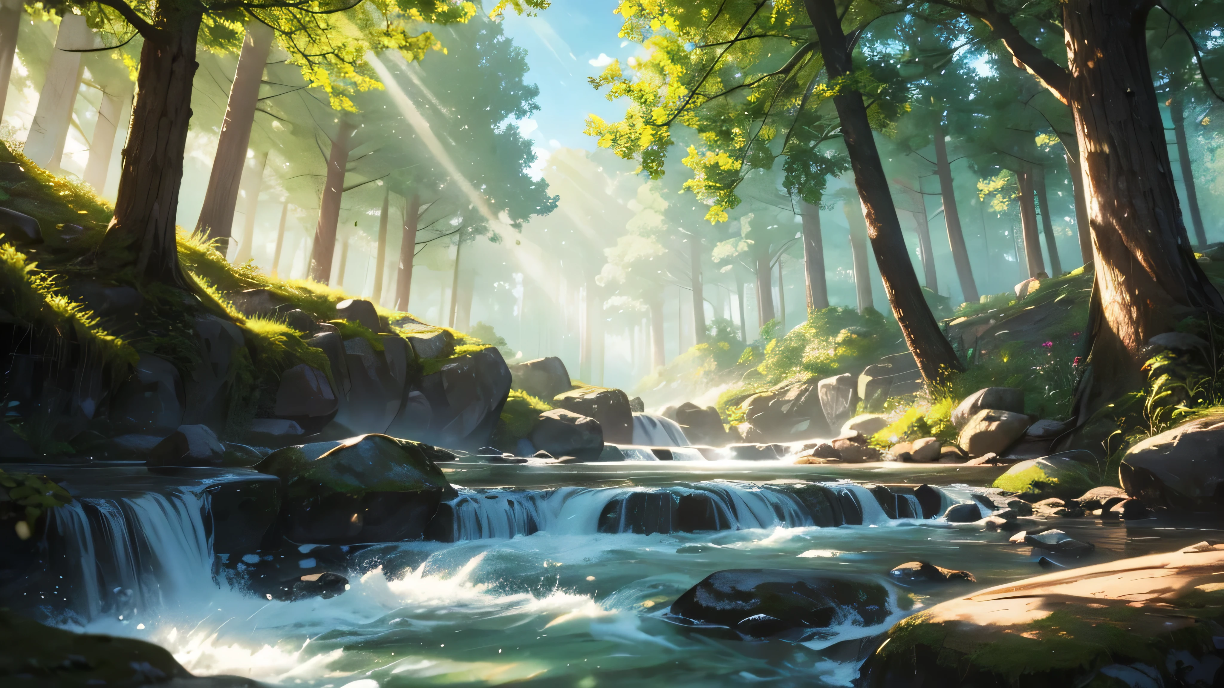Fresh green wood々 Healing space wood々The dazzling sunlight shines through the gaps A stream with clear water high resolution High quality