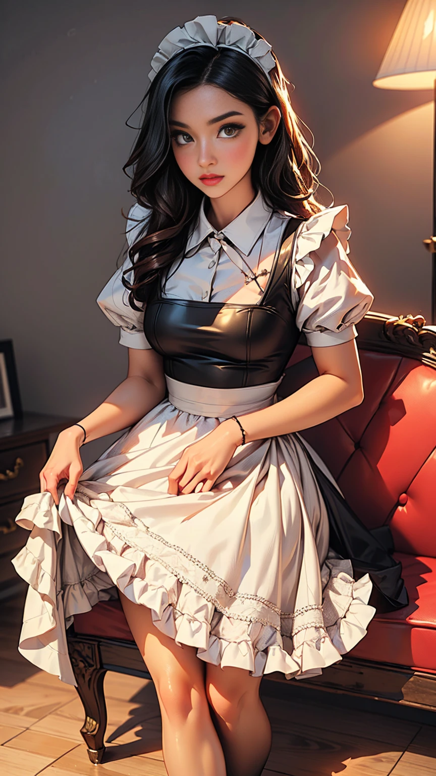 beautiful detailed maid in maid clothes, 50s style, elegant mansion interior, hyper detailed, 8k, high quality, ultra realistic, realistic lighting, photorealistic, cinematic, highly detailed face and eyes, beautiful detailed dress, intricate details, chiaroscuro lighting, Dramatic shadows, warm color tones, golden hour lighting, ornate decor, luxurious furniture, parquet floors.