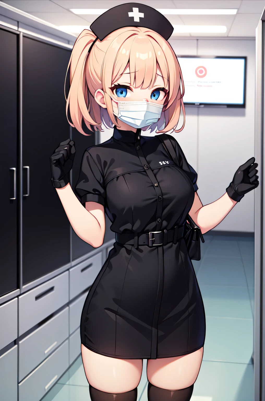 black nurse, 1woman, solo, black nurse cap, black nurse uniform, ((black legwear, zettai ryouiki)), black elbow gloves, blonde hair, blue eyes, ((black surgical mask, covered nose)), standing, ((surgery room)), sharp outline, short sleeves, mature female, 35 years old, best quality, masterpiece