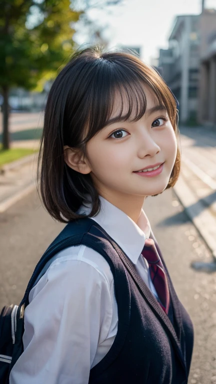 (highest quality,8K quality,masterpiece:1.3),(Ultra-high resolution,Photorealistic:1.4,RAW Photos),(Very detailed,Caustics,Detailed Background),(Ultra-Realistic Capture,Fine and beautiful skin,Perfect Anatomy),At dusk,Sunset sky,School building,Schoolyard,18-year-old,cute,single eyelid,Black short bob,School blazer uniform,Looking at the camera,Laughter,Bust up shot,Natural soft light、Narrow shoulders、Small breasts、Big Eyes、Tear bags、