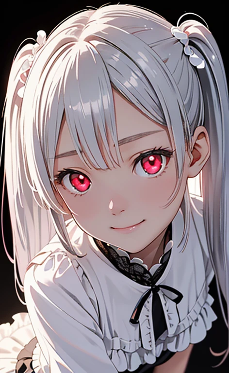 (Photorealistic:1.4)、asuna,(masterpiece、lens flare:1.5、spot light:1.2、Exquisite beautiful eyeonochrome:1.5,portlate、)(looking up at viewer),(from above)
、Cute Face、 3D Face、(pearl white hair:1.5、Straight Hair)、(twintails),(1 Girl)、(Red eyes:1.2)、(cowboy shot)、(fingersmile),()、 (Cute face:1.2),(small breasts),(),kind face,(white　lace frilled shirt),(black background:1.5)、(glowing eyes:1.3)、()、 Neat and clean、Adorable、Slim Body(Tareme:1.5),Shiny Hair、(Glowing pink Skin)、Nijisketch,Manga,zydG