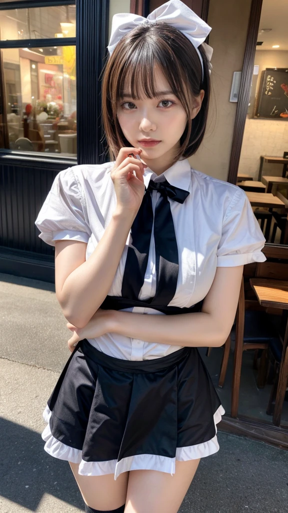 masterpiece, best quality, illustration, Super detailed, fine details, High resolution, 8K,wall paper, perfect dynamic composition,(Details High quality, realistic depiction of eyes:1.3), waitress uniform, restaurant, huge breasts, short bob hair、black hair color, Big Natural Color Lip, (perfect body shape), crying a little、cold gaze, Harajuku style、20 year old girl、cute type、ta、beautiful legs, focus on crotch, full body photo, gravure idol