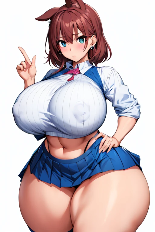 One Girl,Five Fingers、{Knee-high socks}、(((Wide Hips)))、 (((Thick thighs)))、((Big Ass))、(Big Breasts) Embarrassed look,Short Stack、whole body、Sexy pose,jewelry、Earrings、Blue Skirt、Crop top、Holding、Absolute area、Pleated skirt