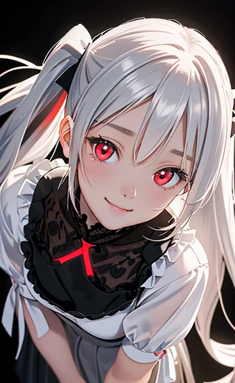(Photorealistic:1.4)、asuna,(masterpiece、lens flare:1.5、spot light:1.2、Exquisite beautiful eyeonochrome:1.5,portlate、)(looking up at viewer),(from above)
、Cute Face、 3D Face、(pearl white hair:1.5、Straight Hair)、(twintails),(1 Girl)、(Red eyes:1.2)、(cowboy shot)、(fingersmile),()、 (Cute face:1.2),(small breasts),(),kind face,(white lace frilled shirt),(black background:1.5)、(glowing eyes:1.3)、()、 Neat and clean、Adorable、Slim Body(Tareme:1.5),Shiny Hair、(Glowing pink Skin)、Nijisketch,Manga,zydG