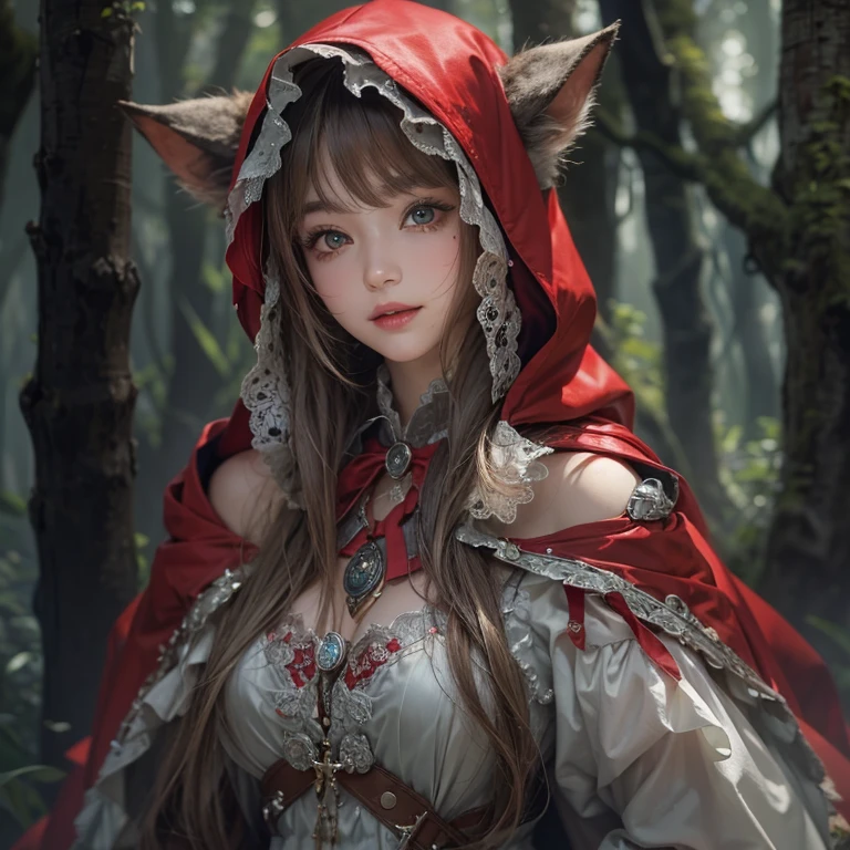 Standing in the forest、Hair flow、 ((highest quality、masterpiece、8k、Best image quality、Ultra-high resolution、Award-winning works)、(Accurate anatomy:1.1)、(Look at me and smile:1.1)、Shining fair skin with Ultra-high resolution、The most detailed face、Ultra-high resolution detailed face、Ultra-high resolutionの髪の毛、(Ultra-high resolution eye:1.1)、Beautiful face drawn in every detail、little red riding hood Costume , Chest to chest, Strange atmosphere, A real werewolf stares at her........, Dark Light, in the forest , Heavy makeup