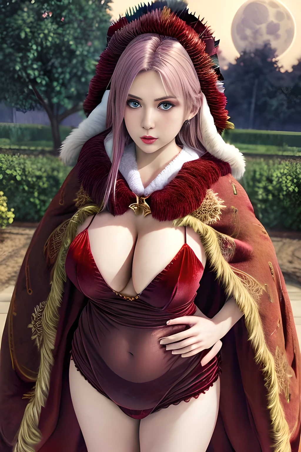 1girl,(RED theme: 1.2), (Velvet fabric nightgown: 1.2), (Koch snowflake cloak: 1.5), ,garden,moon,huge breasts,lactating,(lip gloss),(masterpiece), best quality, (real life portrait photography:1.5),unltra detailed,8K,Shot with a professional-grade camera like the Nikon D850,every intricate detail is captured, from the subtlest expression to the glimmer of anticipation in her eyes,Focus on thighs and above,solo, elise,