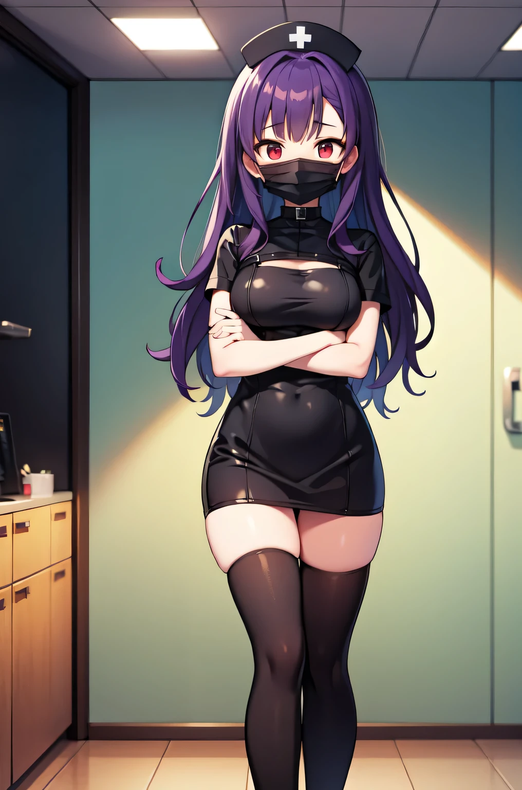 black nurse, 1woman, solo, black nurse cap, black nurse uniform, ((black legwear, zettai ryouiki)), black elbow gloves, long hair, purple hair, red eyes, ((black surgical mask, covered nose)), standing, ((surgery room)), sharp outline, short sleeves, mature female, 35 years old, best quality, masterpiece