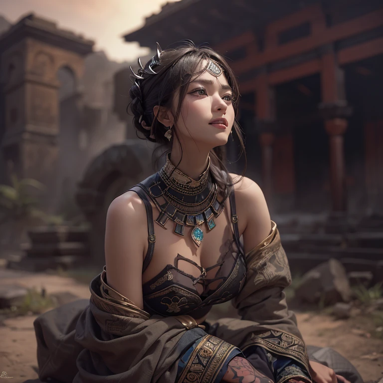 Hiding in the desert、Hair flow、 ((highest quality、masterpiece、8k、Best image quality、Ultra-high resolution、Award-winning works)、(Accurate anatomy:1.1)、(Look at me and smile:1.1)、Shining fair skin with Ultra-high resolution、The most detailed face、Ultra-high resolution detailed face、Ultra-high resolutionの髪の毛、(Ultra-high resolutionの煌めく瞳:1.1)、Beautiful face drawn in every detail、(Blurred Background:1.1)、Ancient Islamic clothing, Chest to chest, tattoo, Old ruins in the background、Sitting black panther