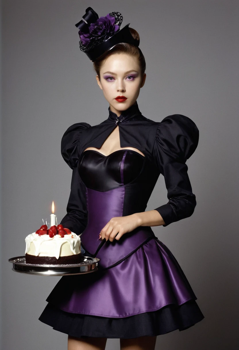 Harajuku Fashion. Bettina Rheims capturing the glamorous essence of a towering Harajuku Fashion model in full-body portrait, donned in a complex black and purple maid outfit, exudes confidence, carrying a tray laden with a heart-shaped cake adorned with a lit candle and assorted cocktails, her charm accentuated by her brunette allure, photographed in high resolution, winner of the acclaimed 35awards,ultra clear, ultra realistic, dramatic lighting, ultra fine. octane render. 32k anatomically perfect, High Resolution, High Quality , Masterpiece