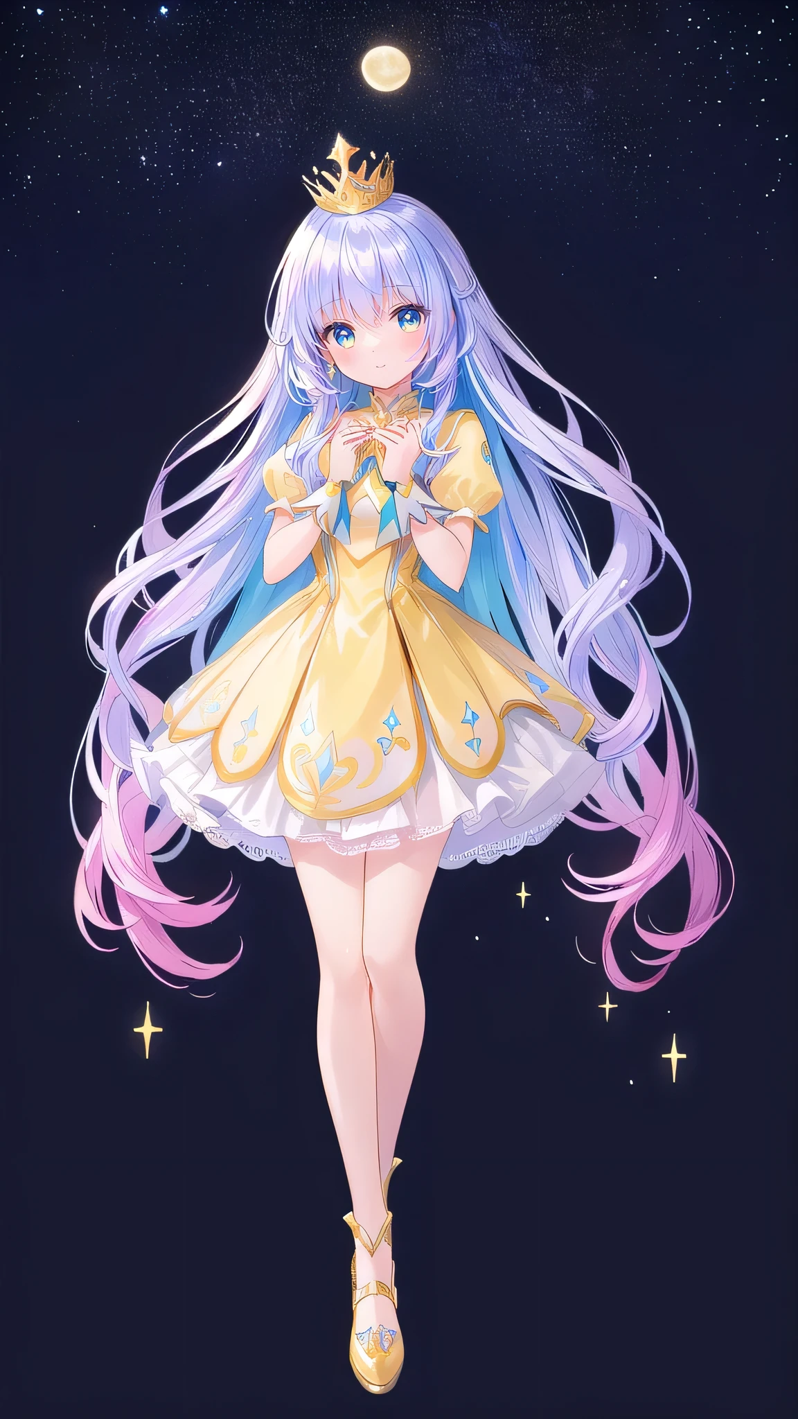 A woman wearing a dress and a crown on her head, Fantasy Costume, celebration costume, Magical Girl Style, Moon themed costume, Full-body portrait of an elementalist, Complex costume, Cute Characters、Yellow Dress、(((masterpiece))), (((highest quality))), ((Very detailed)), Very delicate light, Finely and Detailed Face, Detailed light, (Best Shadow),  Beautiful fine details, (Detailed body), Detailed face, (colorful), Beautiful detailed hair,