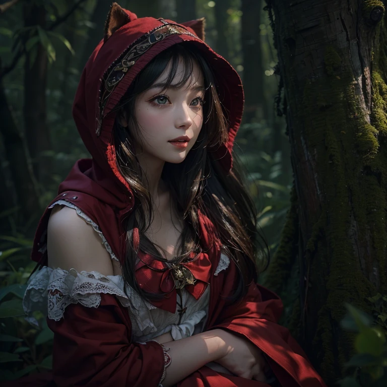 Standing in the forest、Hair flow、 ((highest quality、masterpiece、8k、Best image quality、Ultra-high resolution、Award-winning works)、(Accurate anatomy:1.1)、(Look at me and smile:1.1)、Shining fair skin with Ultra-high resolution、The most detailed face、Ultra-high resolution detailed face、Ultra-high resolutionの髪の毛、(Ultra-high resolution eye:1.1)、Beautiful face drawn in every detail、little red riding hood Costume , Chest to chest, Strange atmosphere, A real werewolf stares at her...., Dark Light, in the forest , Heavy makeup