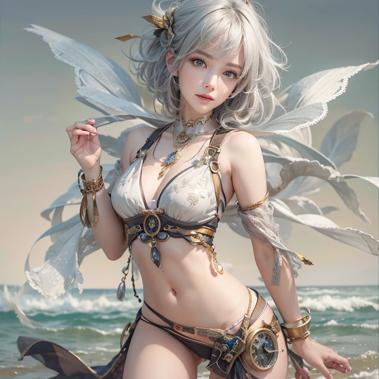 (masterpiece:1.3), (8k, Realistic, RAW Photos, Best image quality: 1.4), Fair-skinned fairy woman、Long Hair、Cleavage:2.0、Highly detailed face、Attention to detail、double eyelid、Chest to chest、Sharp focus:1.2、Beautiful woman:1.4、Silvery white hair、highest quality、masterpiece、超A high resolution、(Realistic:1.4)、Highly detailed and professionally lit smiles、Loose, Light, steampunk、Shoulders out、thin、Serious expression、Short-haired、Deadly position, one person、whole body,Walking on the beach、Gorgeous Necklace、