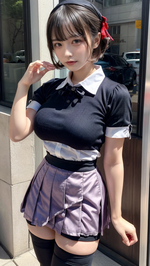masterpiece, best quality, illustration, Super detailed, fine details, High resolution, 8K,wall paper, perfect dynamic composition,(Details High quality, realistic depiction of eyes:1.3), standing, short hair, (wavy hair:1.2), (short sleeve collared dress shirt,tight skirt,thighhighs,zettai ryouiki:1.4), black hair color, Big Natural Color Lip, bold sexy pose, crying a little、cold gaze, Harajuku style、acrobatic pose, 20 year old girl、cute type、lolita、beautiful legs, gravure idol, Japanese idol, huge breasts