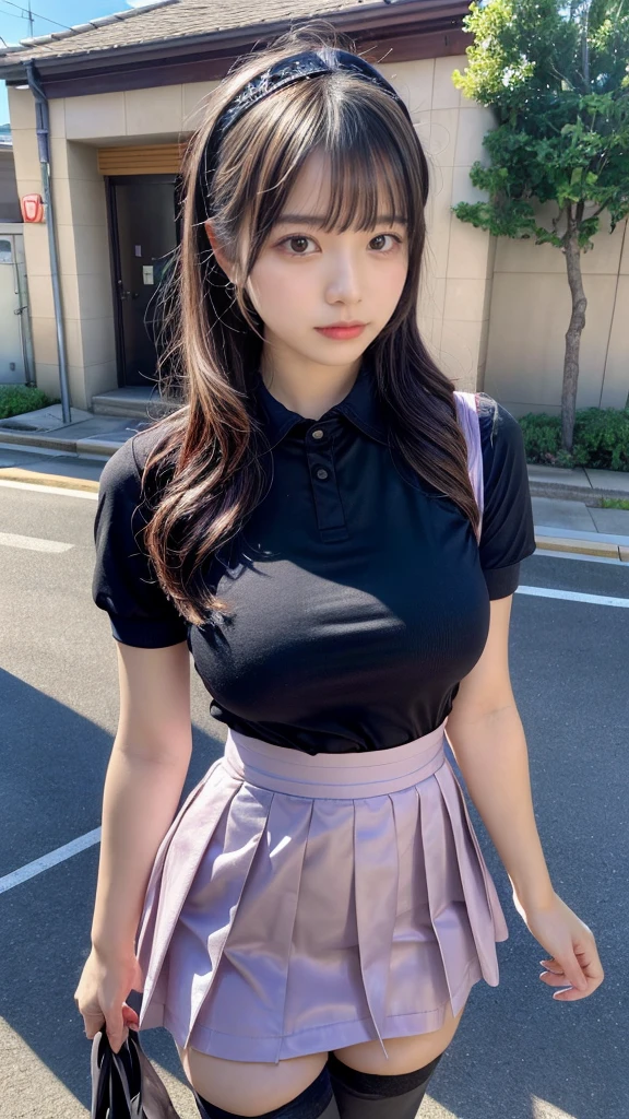 masterpiece, best quality, illustration, Super detailed, fine details, High resolution, 8K,wall paper, perfect dynamic composition,(Details High quality, realistic depiction of eyes:1.3), standing, short hair, (wavy hair:1.2), (short sleeve collared dress shirt,tight skirt,thighhighs,zettai ryouiki:1.4), black hair color, Big Natural Color Lip, bold sexy pose, crying a little、cold gaze, Harajuku style、acrobatic pose, 20 year old girl、cute type、lolita、beautiful legs, gravure idol, Japanese idol, huge breasts