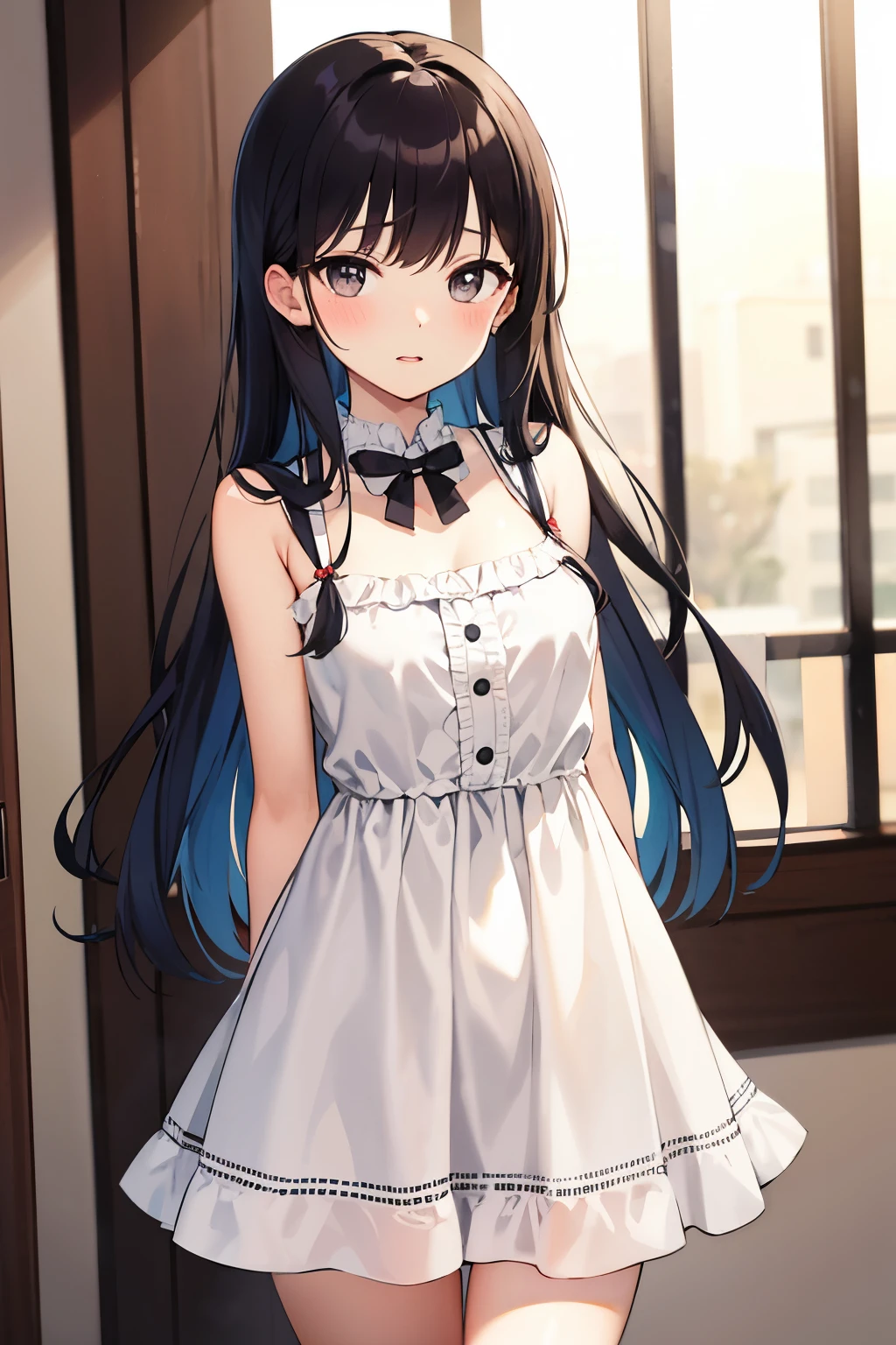 Miyuki has long hair, gray eyes, wears a dress.