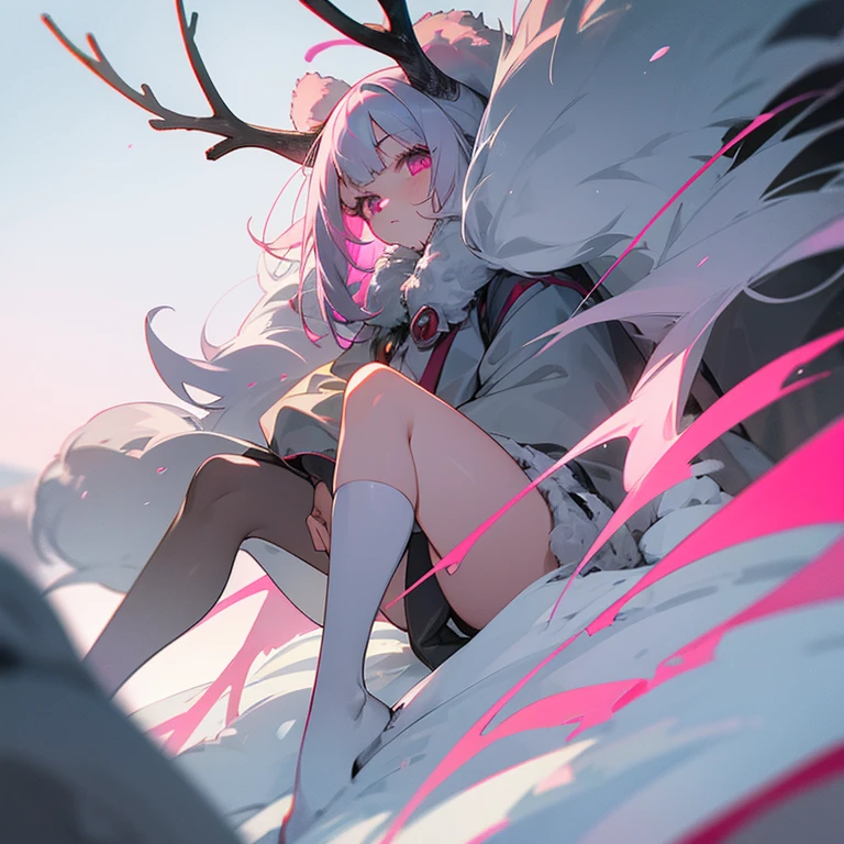 1 girl, ten years old, grey antlers, snow colored hair, pink eyes, dark grey fur, deer legs,