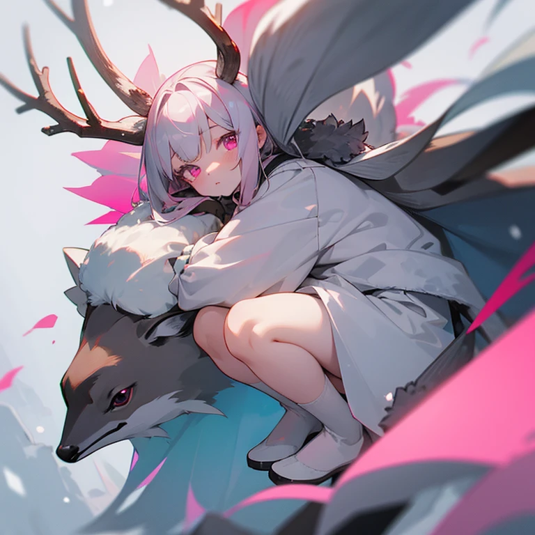 1 girl, ten years old, grey antlers, snow colored hair, pink eyes, dark grey fur, deer legs,