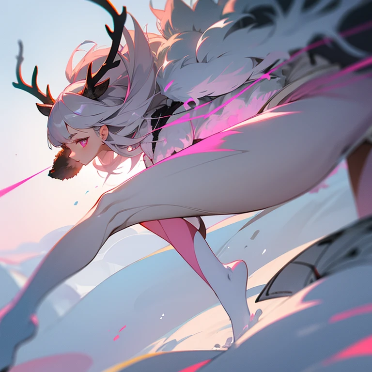 1 girl, ten years old, grey antlers, snow colored hair, pink eyes, dark grey fur, deer legs,