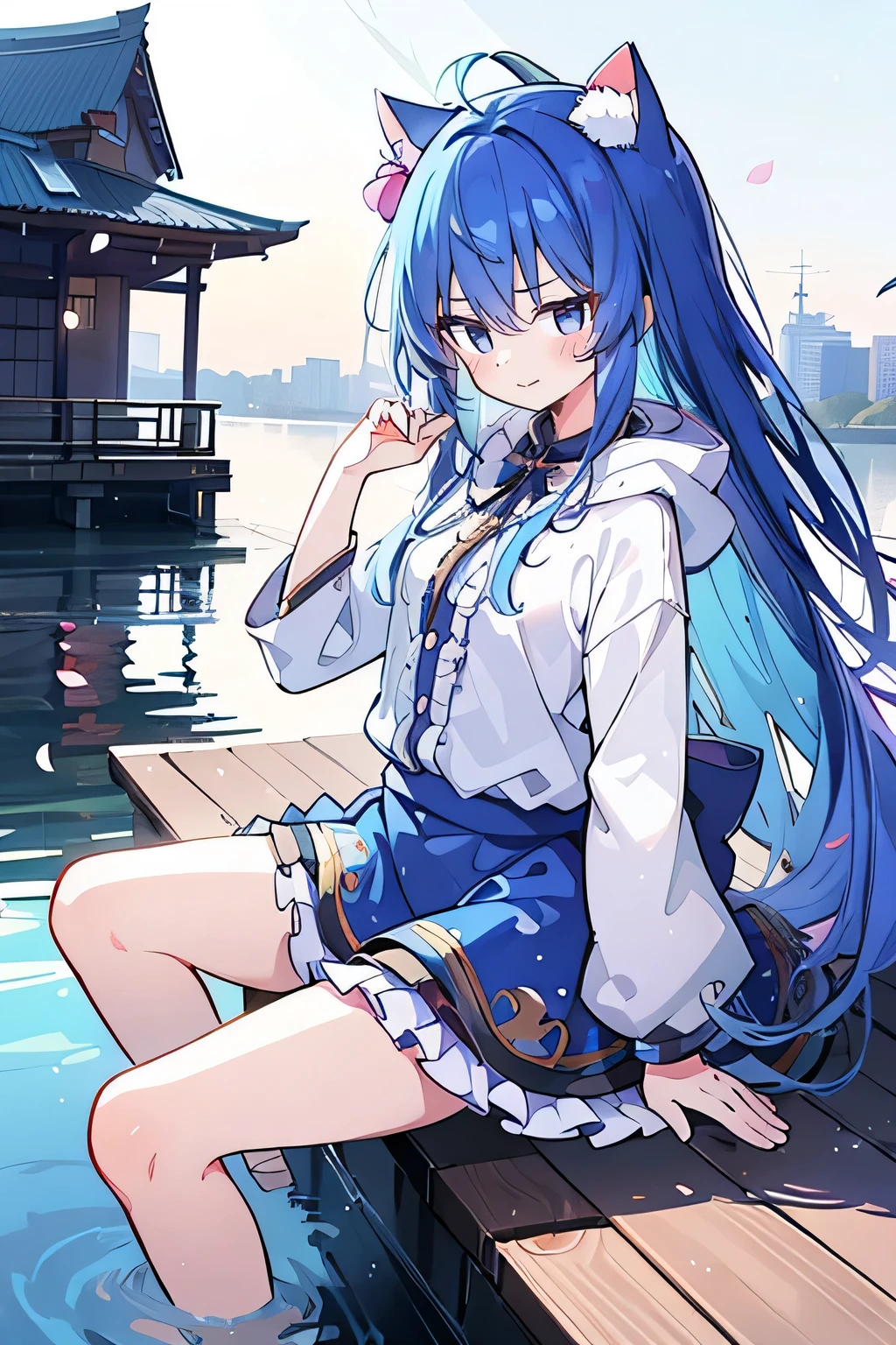 (masterpiece:1.2),Super detailed,lifelike,Expressive eyes,fair skin,perfect face shape,1 girl,
Japanese comics,Gorgeous blue hair,flowing blue hair,flowing clothes,Cat ears,Petals fall,beautiful lola,Baby Angel,
Shaking head with one hand,Cross your legs,Gentle and peaceful background,The pavilion is cool and comfortable,smile, wearing hoodie, background of tokyo,back views,snowing, winter,lie on the water,cold expression.