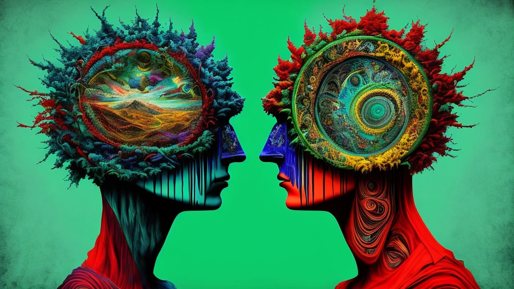 A captivating masterpiece crafted through artificial intelligence represents a manifestation of a schizophrenic's inner turmoil, filled with vivid details that resonate with the intensity and complexity of the emotional landscape. The picture portrays a surreal combination of distorted reality, auditory and visual hallucinations, and contradictory feelings, mirroring the intricate nature of schizophrenia.

Vibrant and contrasting colors permeate the image, accentuating the intensity of the emotions and surreal elements. A chaotic swirl of blues, greens, and reds forms the backdrop, symbolizing the confusion and disorientation experienced by the afflicted individual