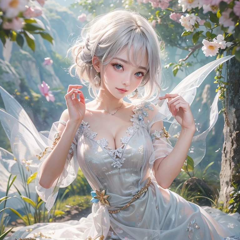 (masterpiece:1.3), (8k, Realistic, RAW Photos, Best image quality: 1.4), Fair-skinned fairy woman、short hair、Cleavage:2.0、Highly detailed face、Attention to detail、double eyelid、Sharp focus:1.2、Beautiful woman:1.4、Silvery white hair、highest quality、masterpiece、Ultra-high resolution、(Realistic:1.4)、Highly detailed and professionally lit smiles、Loose, Light,Japanese high 、 one person、whole body, I eat breakfast