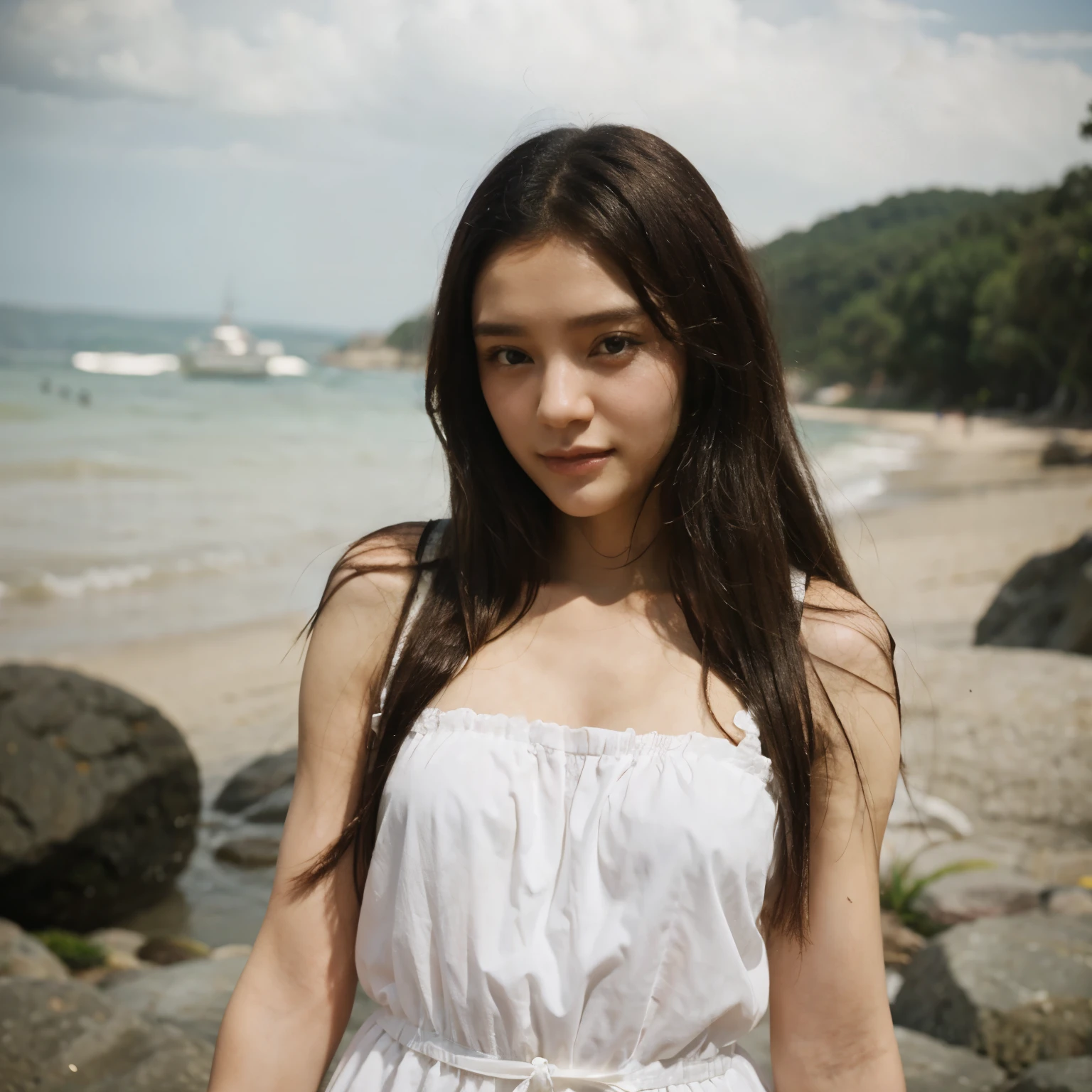 Long Hair Girl、White dress、Quiet Shore
