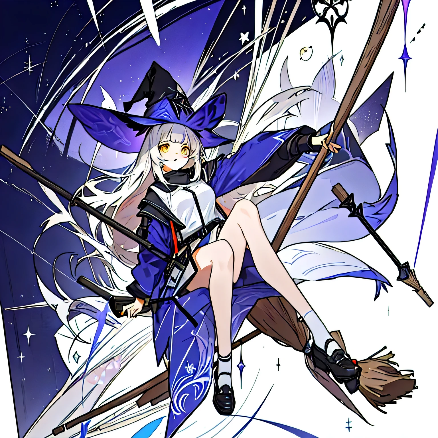 Aliya from Arknights seated on a witch's broom with a position slightly leaning back and in a dynamic way, she brings an apple to her mouth while she balances on her witch's broom! I wish we could see the whole body, trending on artstation pixiv