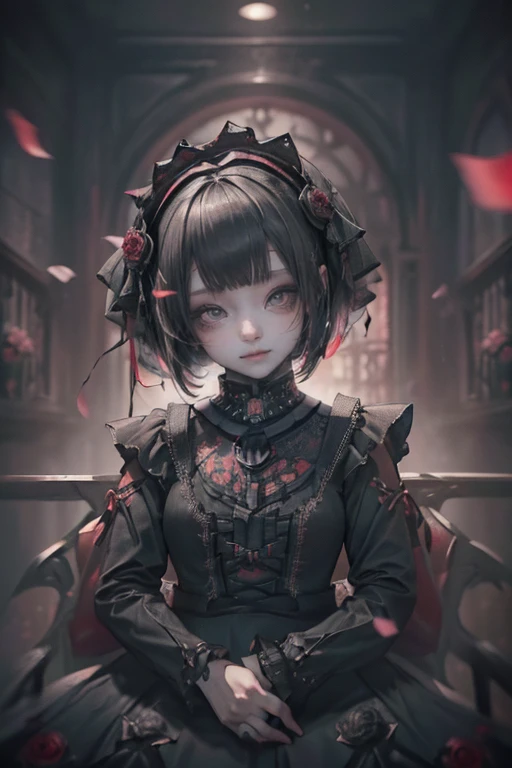 (smile:1.４）,(front:1.4)、(Red Gothic Lolita Dress:1.4)、bonnet,break,、Beauty、miserable、Fine grain、Iris、(Black Hair)、(Bob Hair:1.4)、Black dark eyeshadow、Good skin radiance、particle、Rose petals、