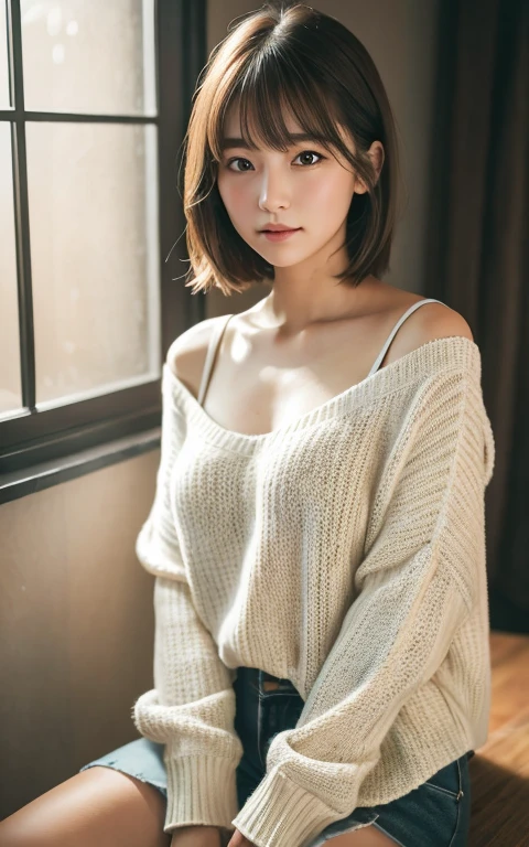 Tabletop, highest quality, 8k, 20th Generation, Big ample breasts, cute, alone, sad, cute, Girlish, Delicate girl, Pure beauty,  RAW Photos, Professional photography, Portraiture, Soft Light, Professional Lighting, Backlight, Upper Body, avert your eyes, Sophisticated, Film Grain, (Eye and facial details:1.0), Short floating hair, Beautiful, flowing hair, bangs, sweater, strap slip
