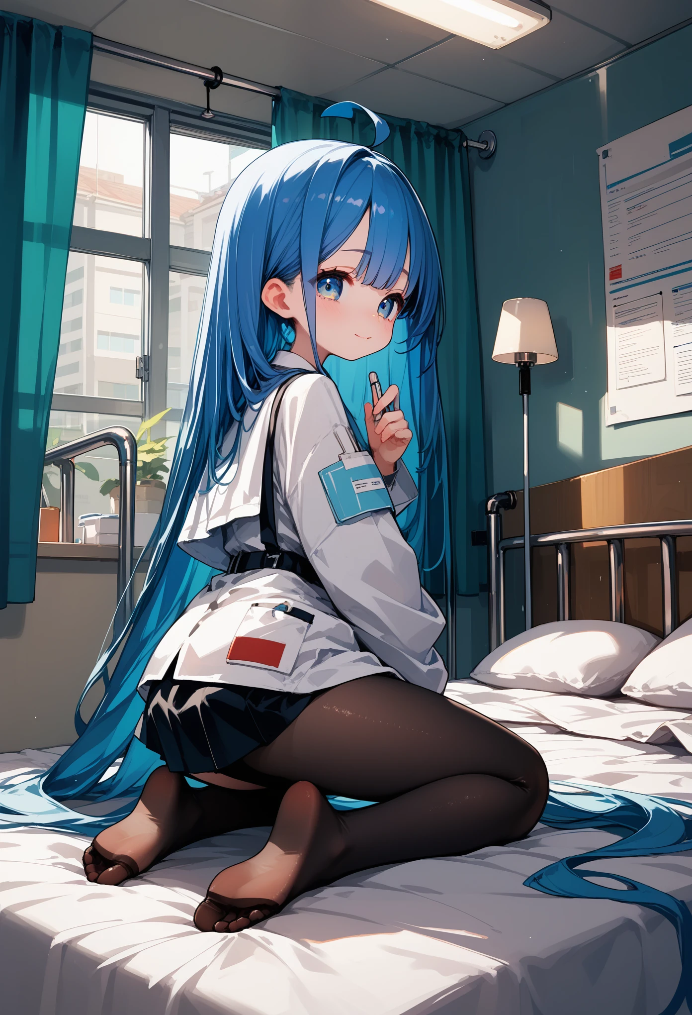 score_9,score_8_up,score_7_up,score_6_up,skinny,slim_legs,,curtains,hospital,black_pantyhose, kneeling on bed,sickbed,from_behind, looking_back, soles,doctor,white_coat,very long silky hair,loli,