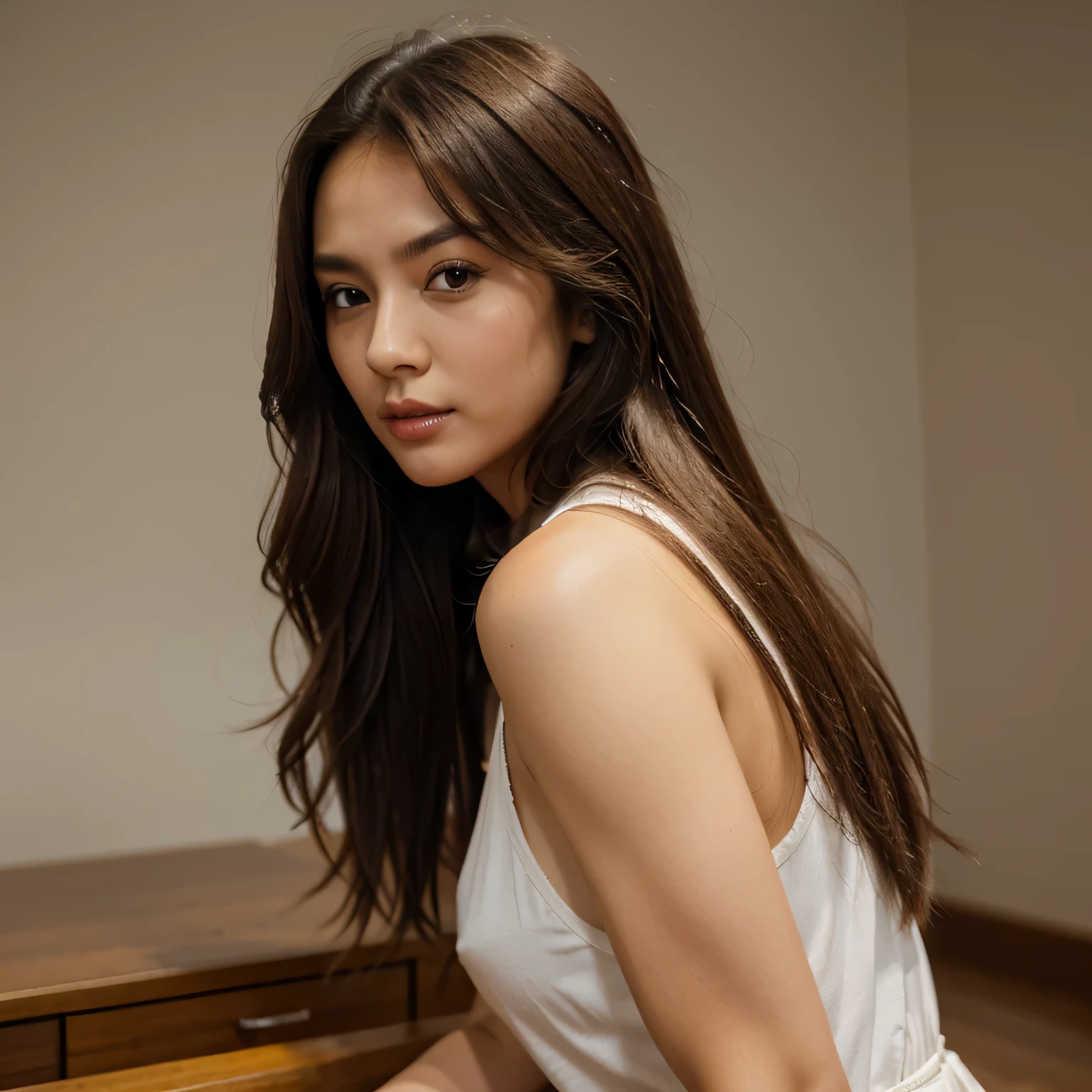 Coreana, Long brown hair, labios delgados, con hoyuelos, large, brown eyes, delgada con la cintura marcada, muslos anchos