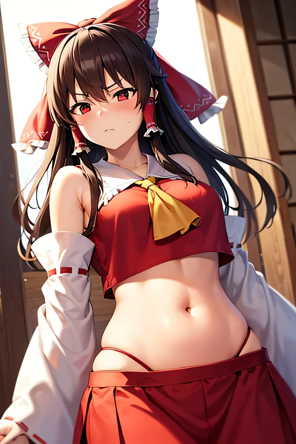 super fine illustration, vibrant colors, masterpiece, sharp focus, best quality, depth of field, cinematic lighting, ultra detailed, blush, annoyed, belly button, navel, hips, shrine maiden, hakurei reimu, 1girl, hair bow, ascot, hair tubes, detached sleeves, looking down, red shirt, red skirt, long hair, dark brown hair, indoors, crop top, mature woman, miko, 