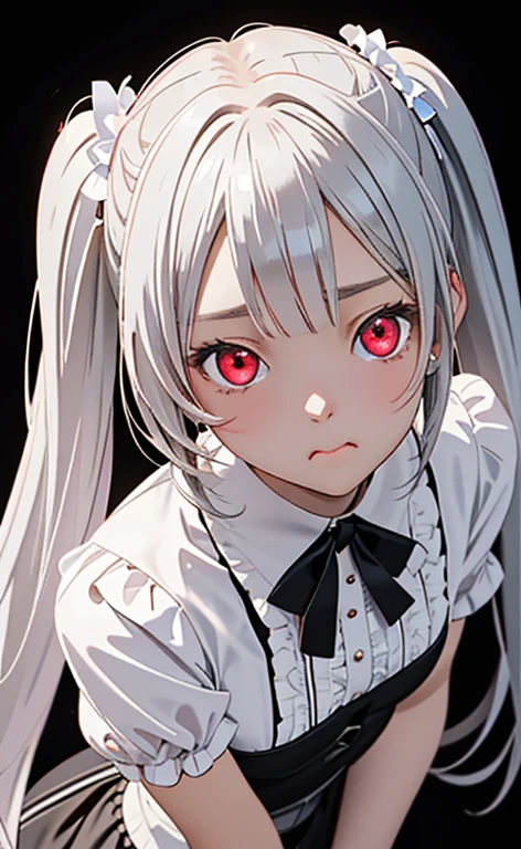 Ultra High Resolution, Masterpiece, (Low viewing angle: 1.5), (Eye Vision Lens 1.1), (A girl: 1.5), (Loli: 1.5), (White hair: 1.5), Angry expression, Red eyes, (Small tits: 1.3), Full body, Detail face, Indoors, dim lighting, Abdomen, Background blur, Ray tracing, Perspective from bottom up, Head down, (Angry: 1.4), Bareleg, Barefoot, (Lower body wearing only panties 1.5), Standing, (Big white shirt: 1.2), (Boyfriend shirt: 1.1), (without buttons: 1.5), (no bra 1.3), (black panties: 1.2), double at the back of the head, sheer clothes, raised, slim figure, slender legs, wet floor, sweat, drenched,, viscous liquid, wide angle end, background blur