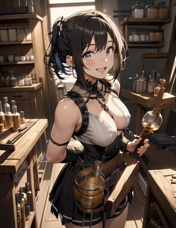 (fantasy:1.5),(anime,8k,masterpiece, top quality, best quality,beautiful and aesthetic:1.2,professional illustrasion:1.1,ultra detail:1.3,perfect lighting),extremely detailed,highest detailed,incredibly absurdres , highres, ultra detailed,intricate:1.6,(Alchemy Workshop:1.4),A girl mixing,Medicine in many small bottles,holding small potion,colorful:1.4,zentangle,(1girl),(girl),(Three kingdoms female warload),(highly detailed beautiful face and eyes,firm breasts),oily skin,((black,hair,short bob with short pony tail hair)),thin pubic hair,cute,lovely,34 years old,alchemist costume,Merchant's Clothing,smile,in the kitchen,smile,seductive weak smiling,(with sparkling eyes and a contagious smile),open mouth, Looking at Viewer,
