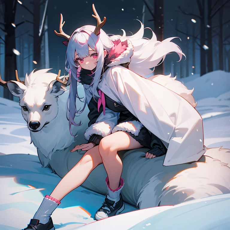 1 girl, , grey antlers, snow colored hair, pink eyes, dark grey fur, deer legs, young, cute, 