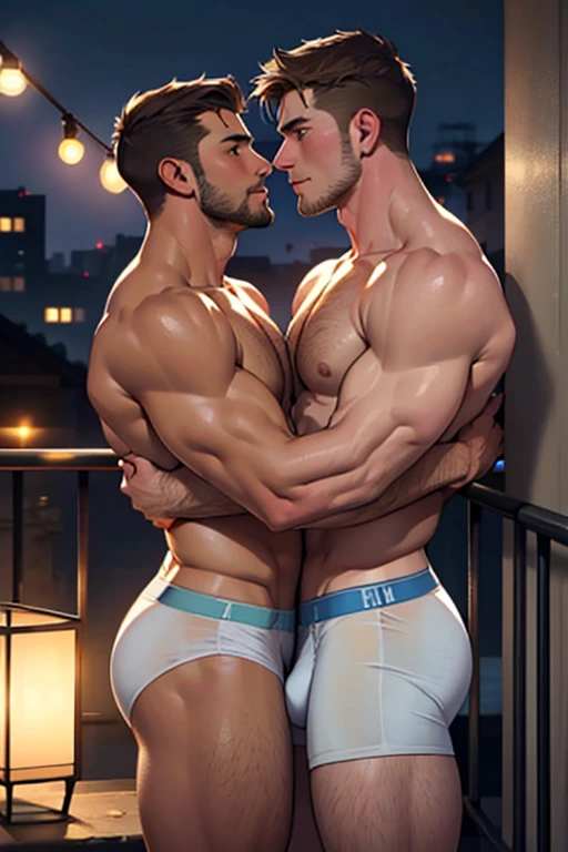 2 men, Photo-realistic. A fit, handsome, 19-year-old, Caucasian man with short, shaved, brown hair, stubble, and blue eyes, wearing white brief underwear, and a tall, muscular, handsome, 24-year-old jock, with brown hair, stubble, and green eyes, wearing blue underwear, standing close together, gazing lovingly at each other, facing each other, pressing their bodies against each other, kissing passionately, on an apartment balcony, at night. (Masculine men, sexy, bulging underwear.)