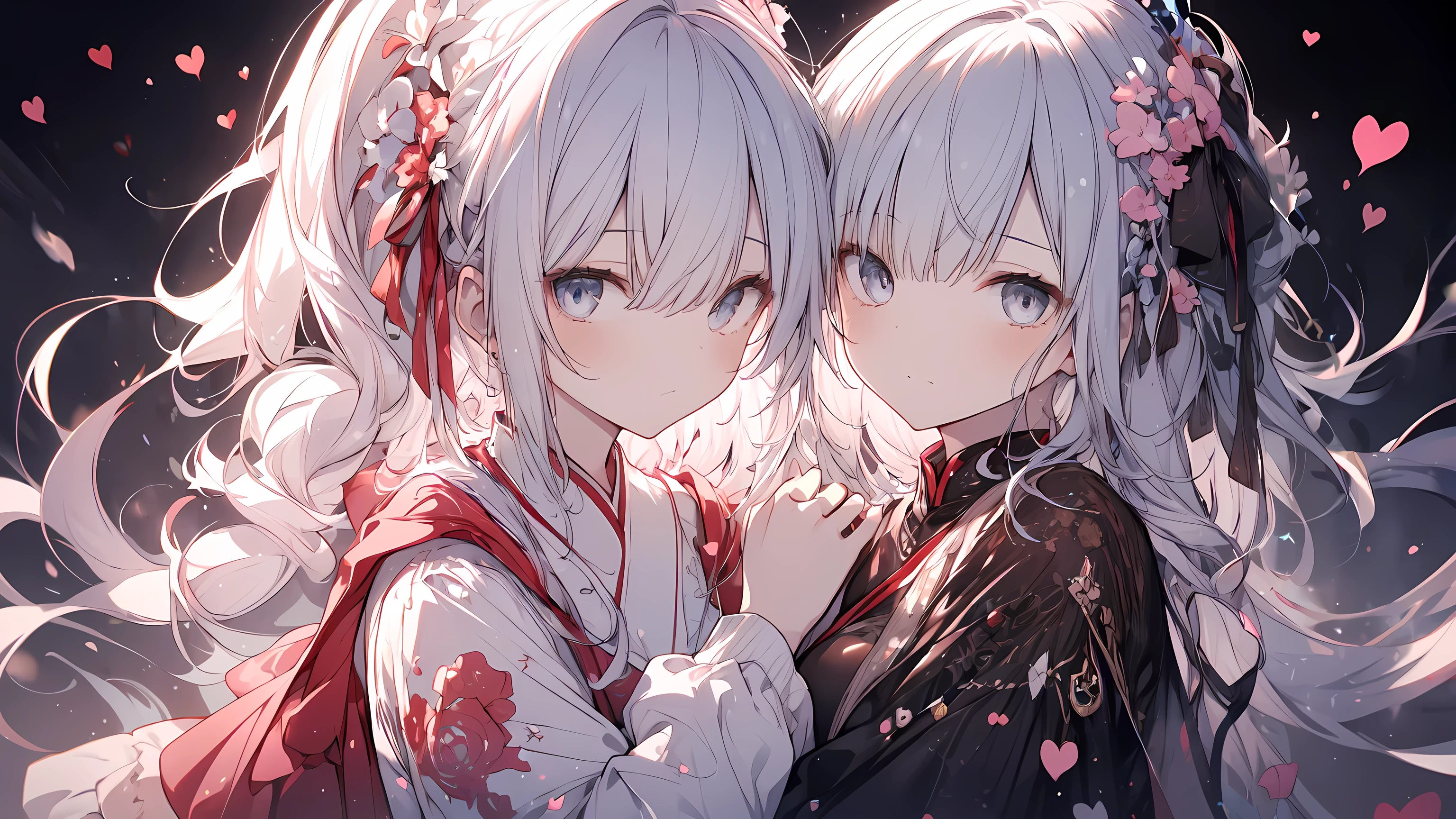 (masterpiece), highest quality, expressive eyes, Two girls standing next to each other, by Pu Hua, Featured on Art Station, gothic art, Black and white with red heart, Beautiful Gemini twins portrait, Streaming on Twitch, with long white hair, reddish, Hand in hand, anthro, beautifully rendered, hug