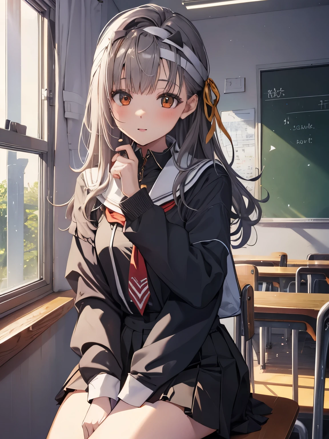 ((masterpiece, highest quality)),Best aesthetics,One girl, , machine, Sitting, school machine, Brown Hair, classroom, Long Hair, indoor, Chair, View Viewer, :p, Focus Only, Brown eyes, skirt, Long sleeve, pencil, 1 boy, pencil case, paper, black serafuku, Multiple Girls, pleated skirt, Sailor collar, bangs, Headrest, school bag, school Chair