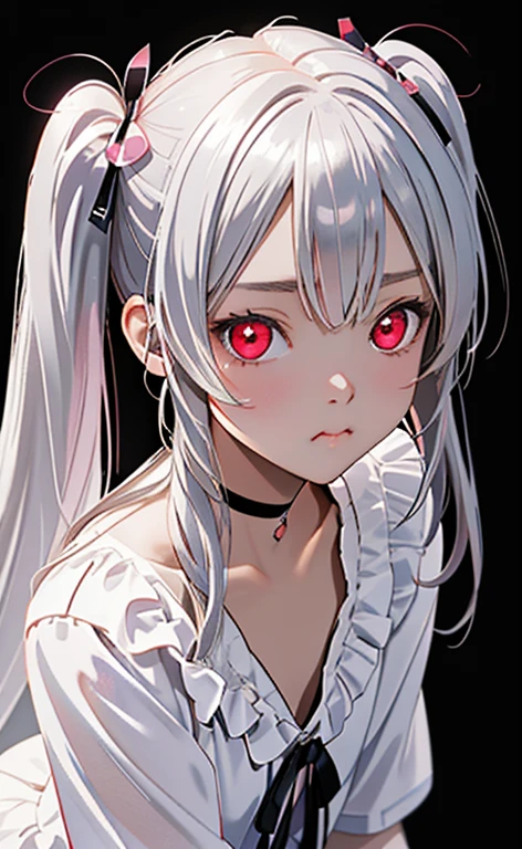 (Photorealistic:1.4)、asuna,(masterpiece、lens flare:1.5、spot light:1.2、Exquisite beautiful eyeonochrome:1.5,portlate、)(looking up at viewer),(from above)
、Cute Face、 3D Face、(pearl white hair:1.5、Straight Hair)、(twintails),(1 Girl)、(Red eyes:1.2)、(cowboy shot)、(Pouting),()、 (Cute face:1.2),(small breasts),(),kind face,(white lace frilled shirt),(black background:1.5)、(glowing eyes:1.3)、()、 Neat and clean、Adorable、Slim Body(Tareme:1.5),Shiny Hair、(Glowing pink Skin)、Nijisketch,Manga,zydG