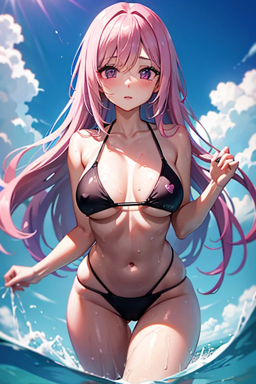 A pink haired woman with violet eyes with an hourglass figure in a wet bikini is splashing in the ocean waves