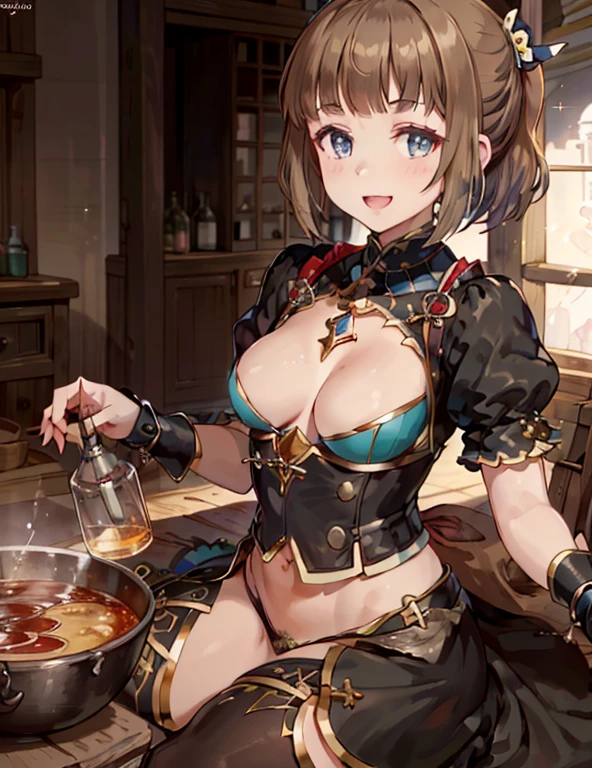(fantasy:1.5),(anime,8k,masterpiece, top quality, best quality,beautiful and aesthetic:1.2,professional illustrasion:1.1,ultra detail:1.3,perfect lighting),extremely detailed,highest detailed,incredibly absurdres , highres, ultra detailed,intricate:1.6,(Alchemy Workshop:1.4),A girl mixing,Medicine in many small bottles,holding small potion,colorful:1.4,zentangle,(1girl),(girl),(Three kingdoms female warload),(highly detailed beautiful face and eyes,firm breasts),oily skin,((black,hair,short bob with short pony tail hair)),thin pubic hair,cute,lovely,34 years old,alchemist costume,Merchant's Clothing,smile,in the kitchen,smile,seductive weak smiling,(with sparkling eyes and a contagious smile),open mouth, Looking at Viewer,