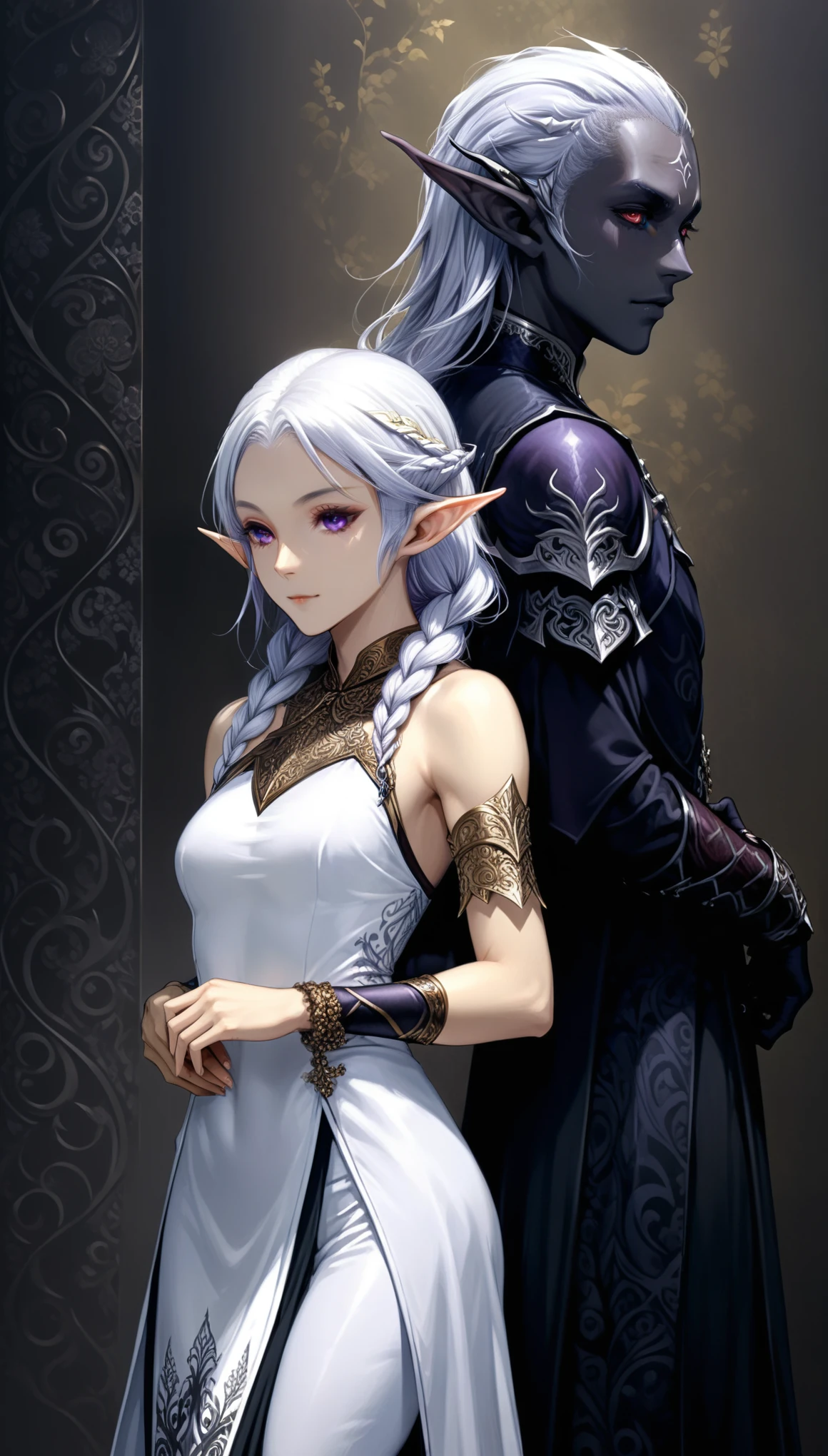 (in style of Takeshi Obata:0.9),
realist,(masterpiece, best quality, official art, beauty, Gothic, Tokyo Ghoul style:1.2),Very detailed,fractal art,Gorgeous,Zentangle,(Back-to-back),yinji,purple hair,purple eyes,long hair,white hair,double braids,gradient hair,Japanese folk style clothing,1 husband and wife,height_difference,(1 dark elf boy,1 white elf girl,poseing:1.8),