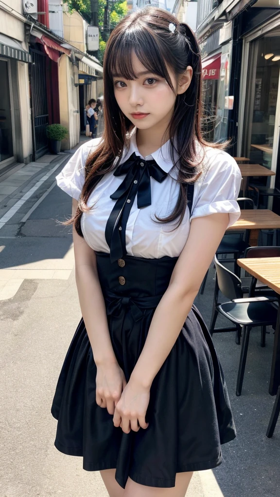 masterpiece, best quality, illustration, Super detailed, fine details, High resolution, 8K,wall paper, perfect dynamic composition,(Details High quality, realistic depiction of eyes:1.3), waitress uniform, restaurant, huge breasts, short bob hair、black hair color, Big Natural Color Lip, (perfect body shape), crying a little、cold gaze, Harajuku style、20 year old girl、cute type、ta、beautiful legs, focus on crotch, full body photo, gravure idol